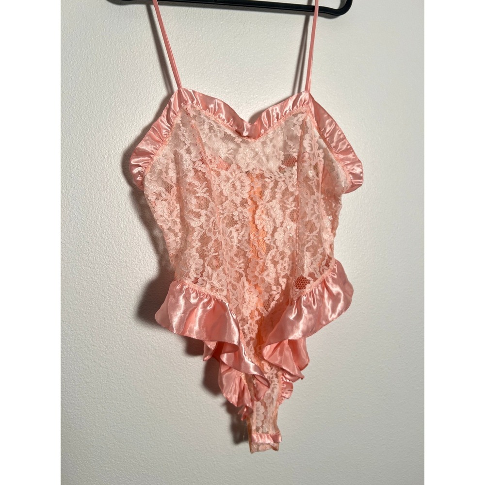 Vintage Victoria Secret Pink Lace Teddy Ruffle Satin Trim Lingerie S Coquette